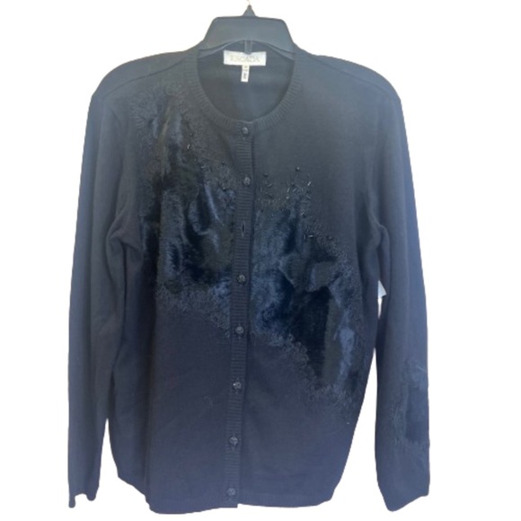 Escada Sweaters - Escada Beaded Fur Wool Blend Cardigan Sweater Size Large Solid Black